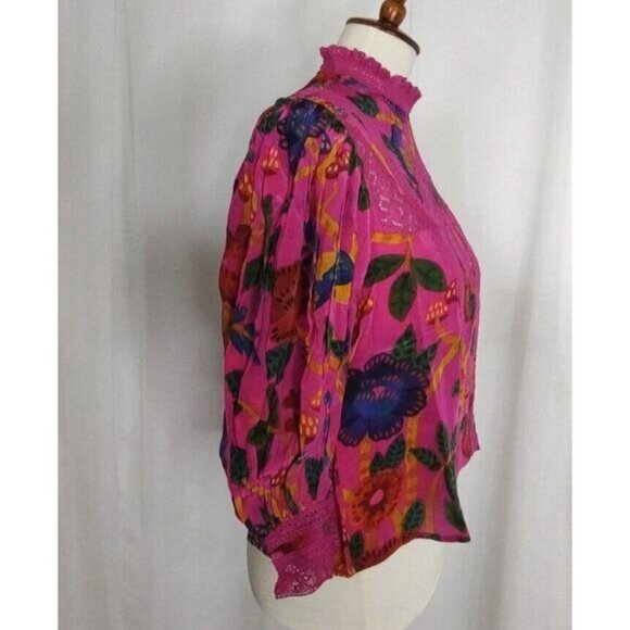 Farm Rio Blouse S Pink Sweet Forest Lace Tropical Floral High Neck Pin - Picture 12 of 15
